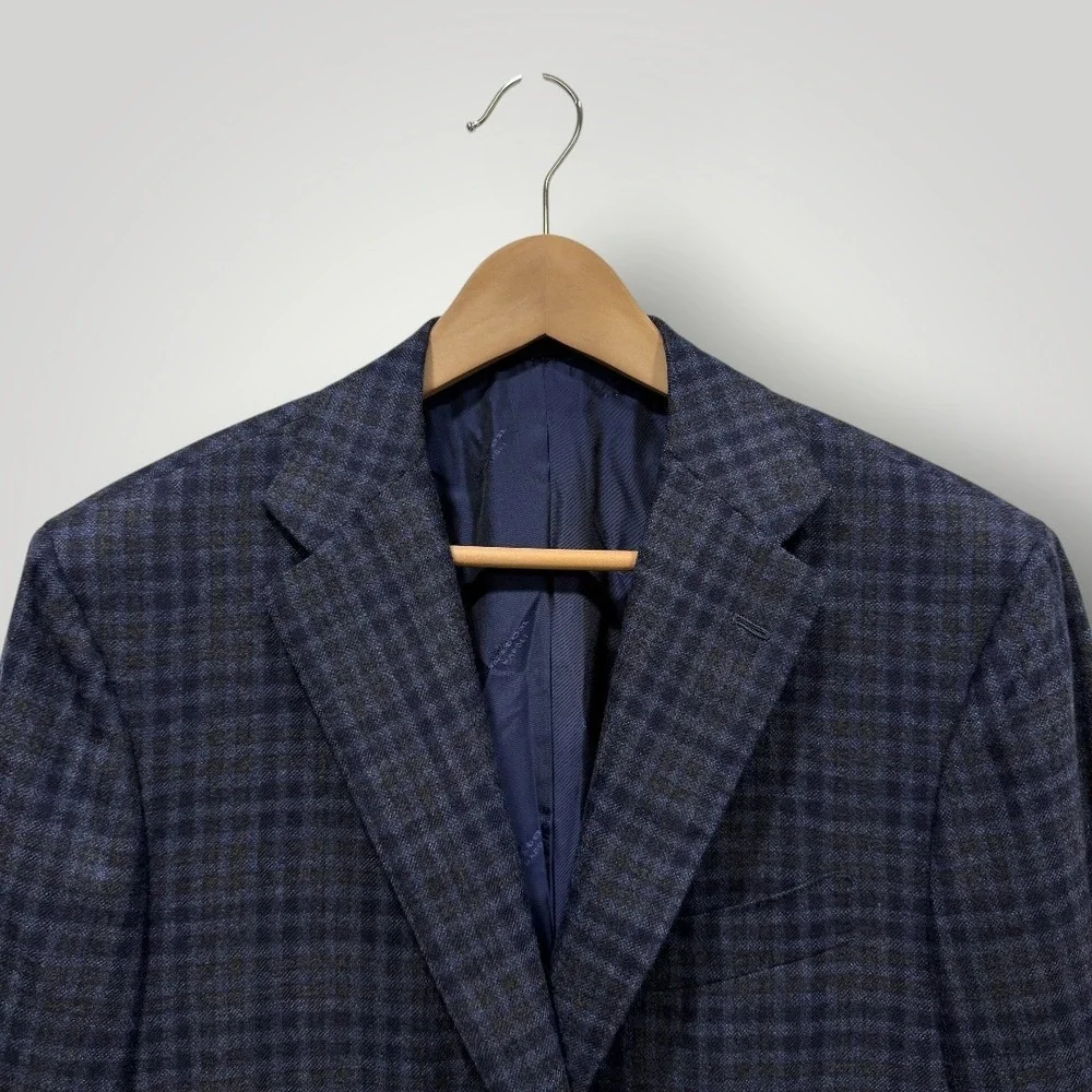 Kiton 100% Cashmere Sport‎ Coat Mens 42R Blue Grey Plaid Blazer Italy Boyd's